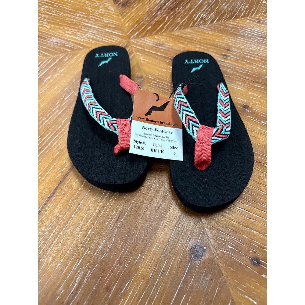 Norty Womens Black Chevron Flip Flop Sandals Size 6 With Red & Aqua Straps - Picture 3 of 8